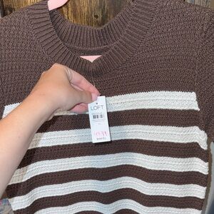 LOFT Brown & Cream Striped Crewneck Sweater
